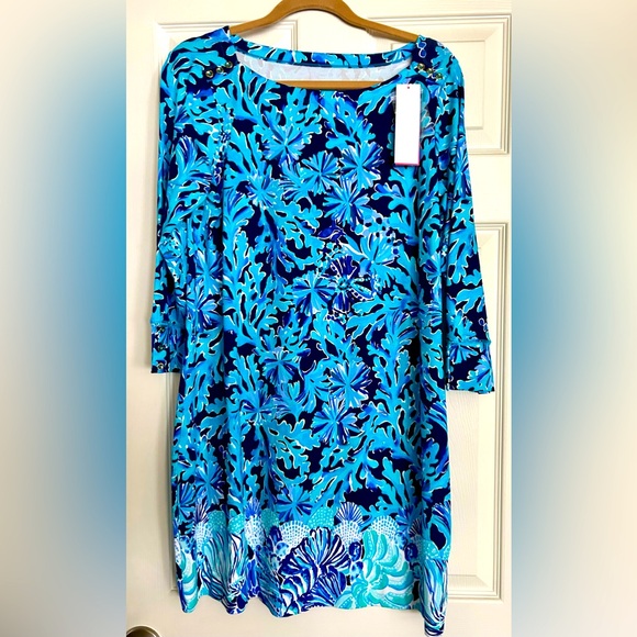 NWT LILLY PULITZER 50+ SOPHIE DRESS Size L BRIGHT NAVY IN TOO DEEP ENGINEERED - Picture 4 of 8